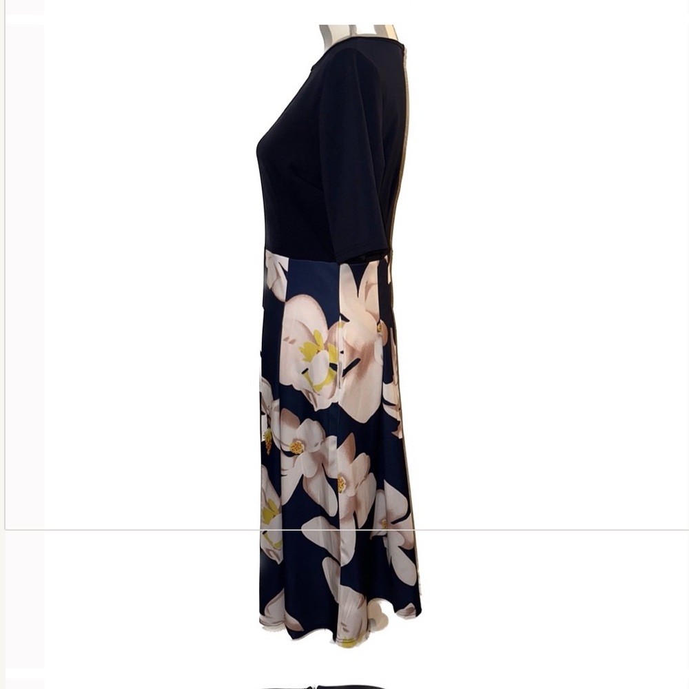 Beautiful navy blue dress with floral skirt and orange sash tie back zip large - Picture 5 of 13
